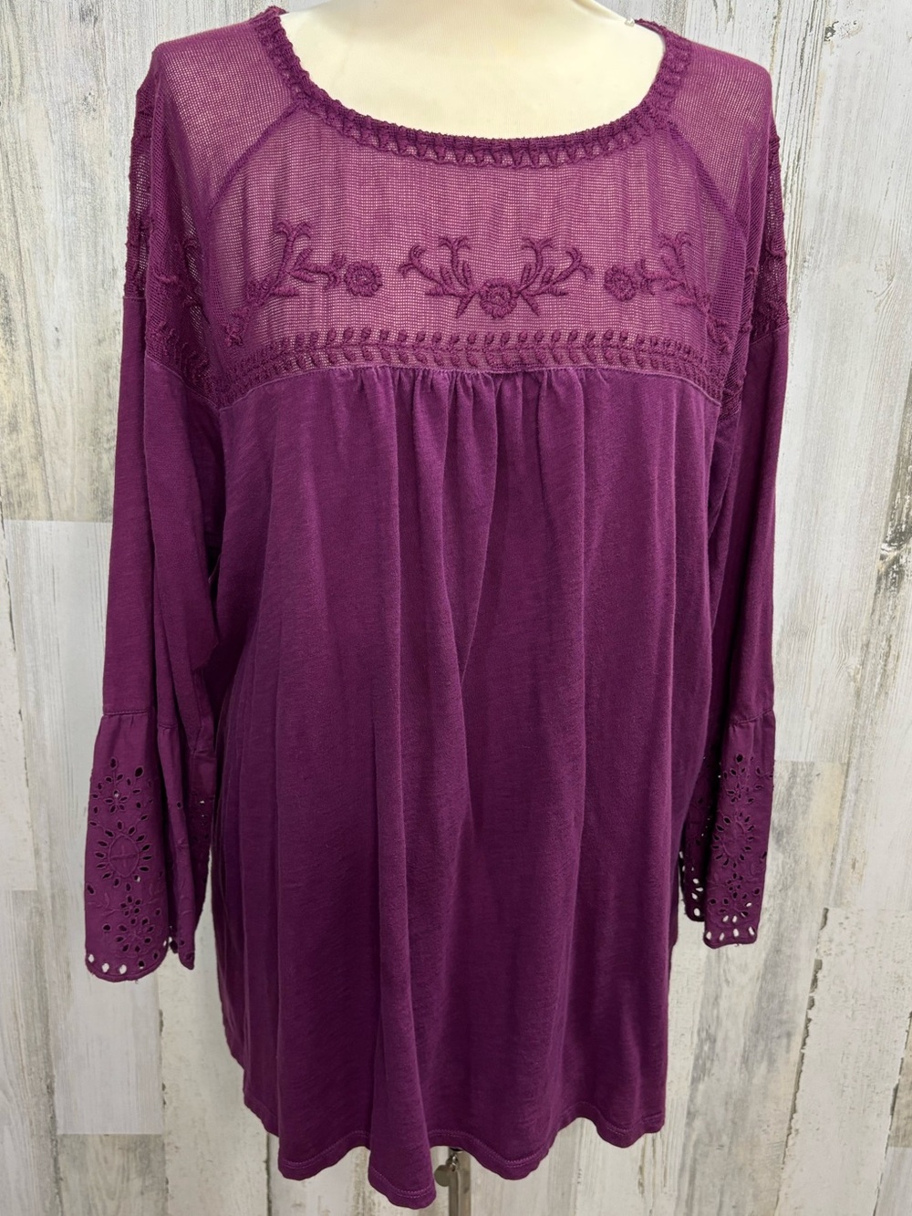 Sonoma Plus Size Boho Embroidered Long-Sleeve Top - Plum